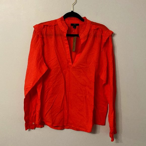 J CREW Ruffle Trim V-Neck Popover in Clip Dot Size Large NEW NWT Coral  Fall - Picture 1 of 9